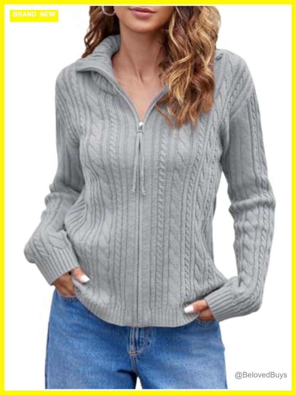Cable Knit Zip Up Cardigan Collared Long Sleeve Vintage Sweater